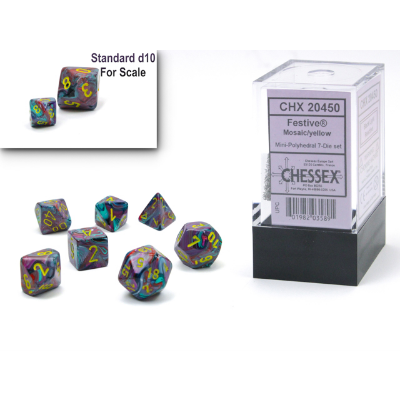 Mini Polyhedral Dice - 7D Festive Mosaic/Yellow Set