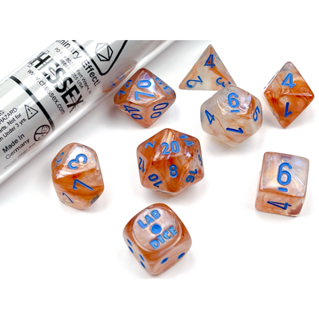 Polyhedral Lab Dice - 7D Borealis Rose Gold/light blue Luminary Polyhedral Set (with bonus die)