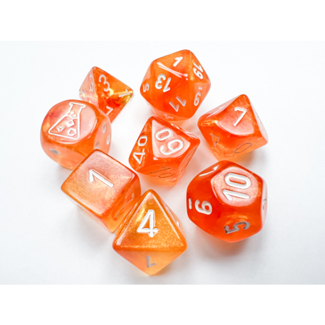 Polyhedral Lab Dice - 7D Borealis Blood Orange/white Luminary Polyhedral Set (with bonus die)
