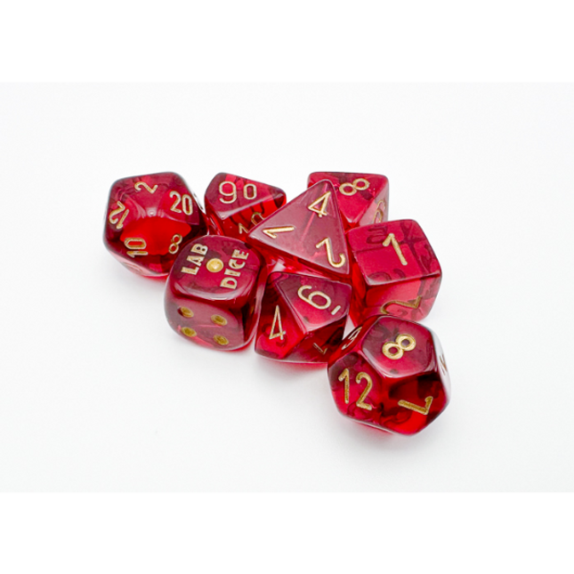 Polyhedral Lab Dice - 7D Translucent Crimson/gold Polyhedral Set (with bonus die)