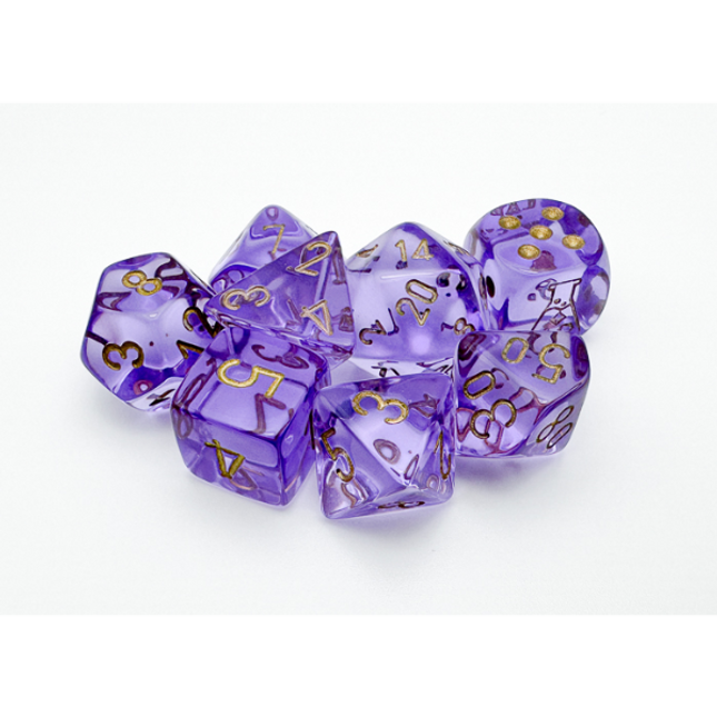 Polyhedral Lab Dice - 7D Translucent Lavender/gold Polyhedral Set (with bonus die)