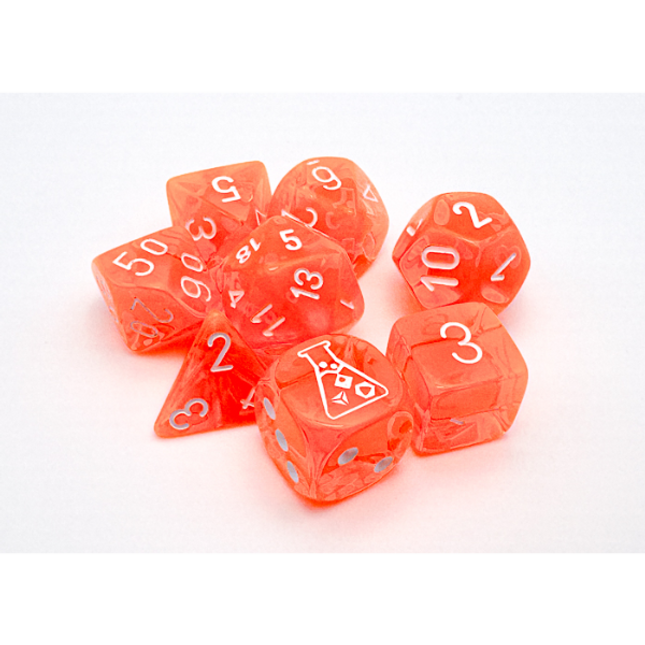 Polyhedral Lab Dice - 7D Translucent Neon Orange/white Polyhedral Set (with bonus die)