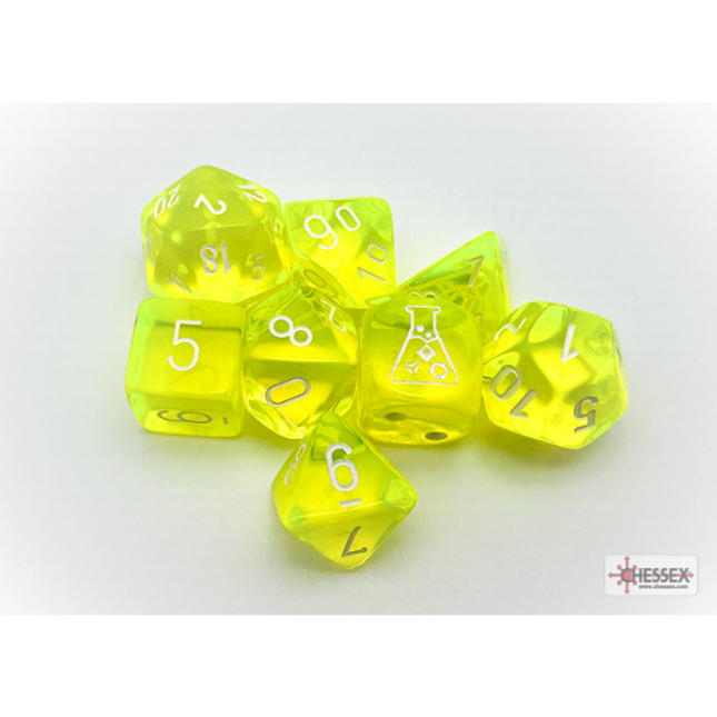 Polyhedral Lab Dice - 7D Translucent Neon Yellow/white Polyhedral (with bonus die)