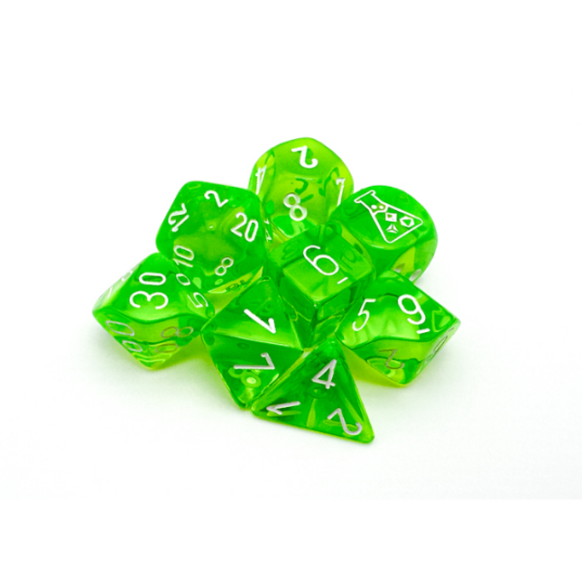 Polyhedral Lab Dice - 7D Translucent Rad Green/white Polyhedral Set (with bonus die)