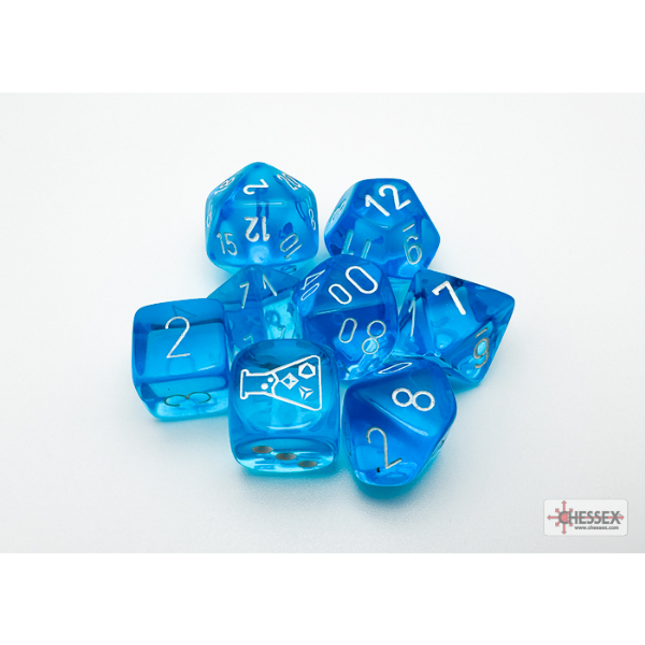 Polyhedral Lab Dice - 7D Translucent Tropical Blue/white Polyhedral Set (with bonus die)