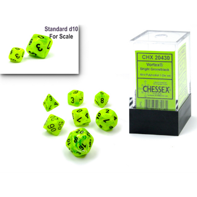 Mini Polyhedral Dice - 7D Vortex Bright Green/Black Set