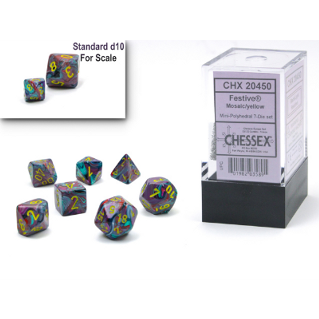 Mini Polyhedral Dice - 7D Festive Mosaic/Yellow Set