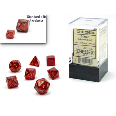 Mini Polyhedral Dice - 7D Glitter Ruby/Gold Set