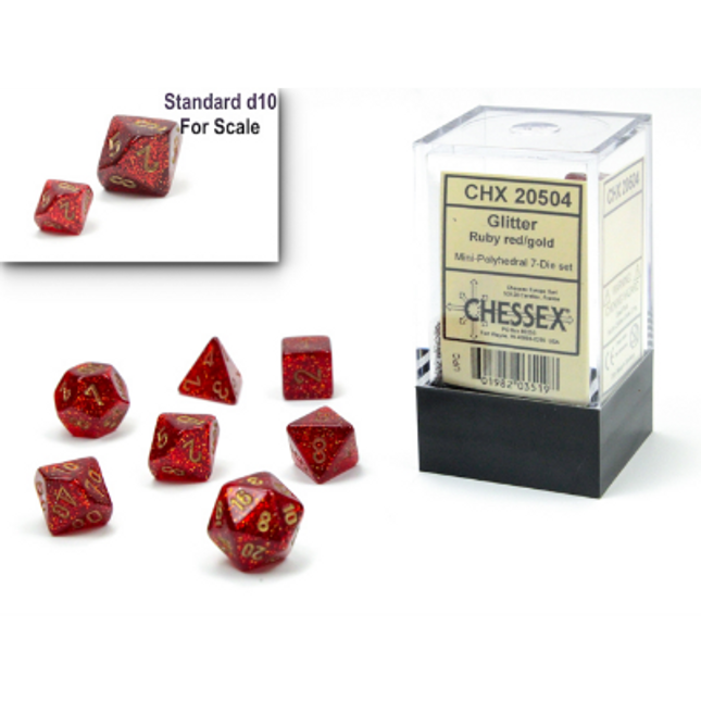 Mini Polyhedral Dice - 7D Glitter Ruby/Gold Set