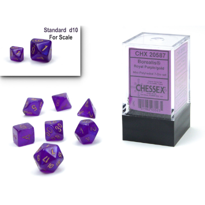 Mini Polyhedral Dice - 7D Borealis Royal Purple/Gold Luminary Set