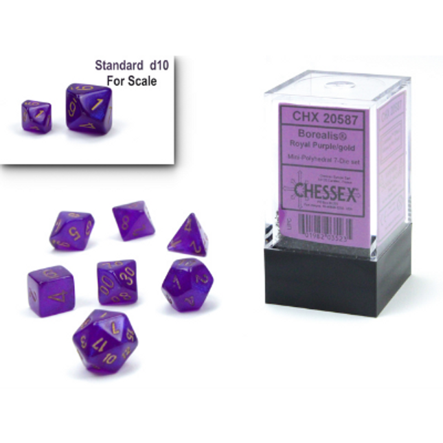 Mini Polyhedral Dice - 7D Borealis Royal Purple/Gold Luminary Set