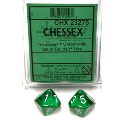Polyhedral Dice - 10D10 Translucent Green/white
