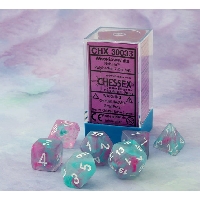 Polyhedral Dice - 7D Nebula Wisteria/White Set