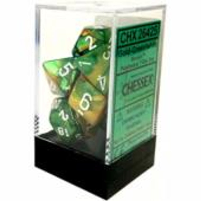 Polyhedral Dice - 7D Gemini Gold Green /White Set