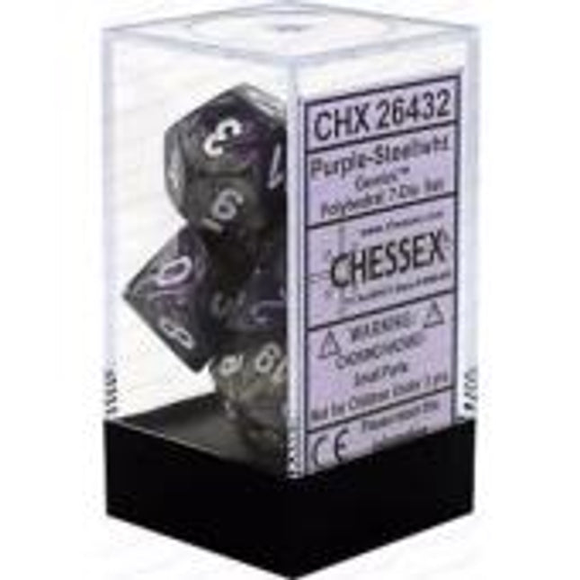 Polyhedral Dice - 7D Gemini Purple Steel /White Set