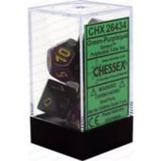 Polyhedral Dice - 7D Gemini Green Purple /Gold Set