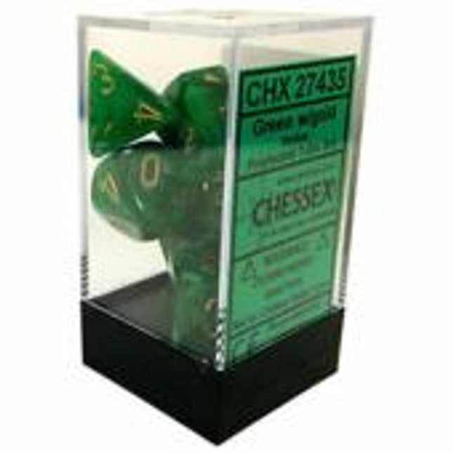 Polyhedral Dice - 7D Vortex Green /Gold Set